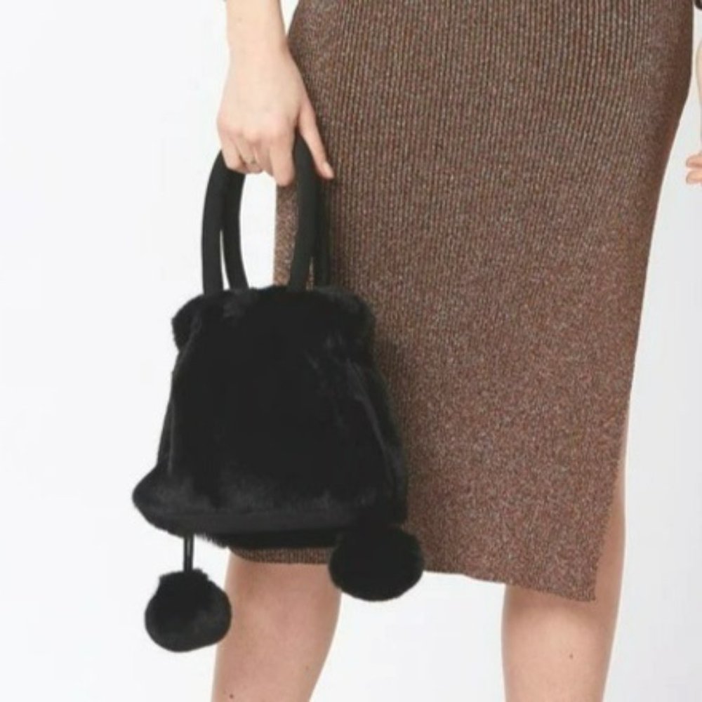 Jayley Faux Fur Pom Bag Black NWT